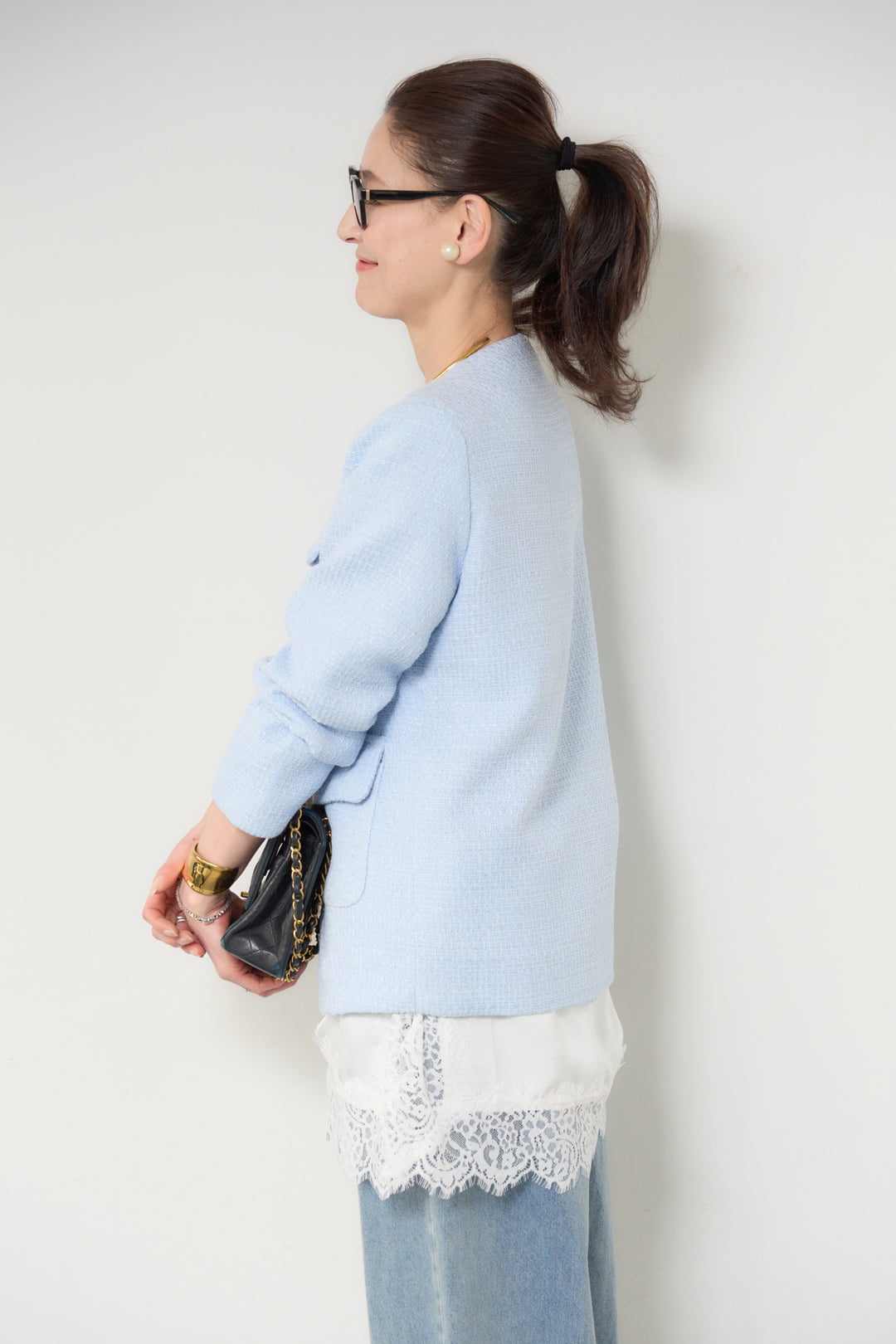 [SET]ミディ丈ツイードジャケット+サイドスリットレースキャミソール(2set)