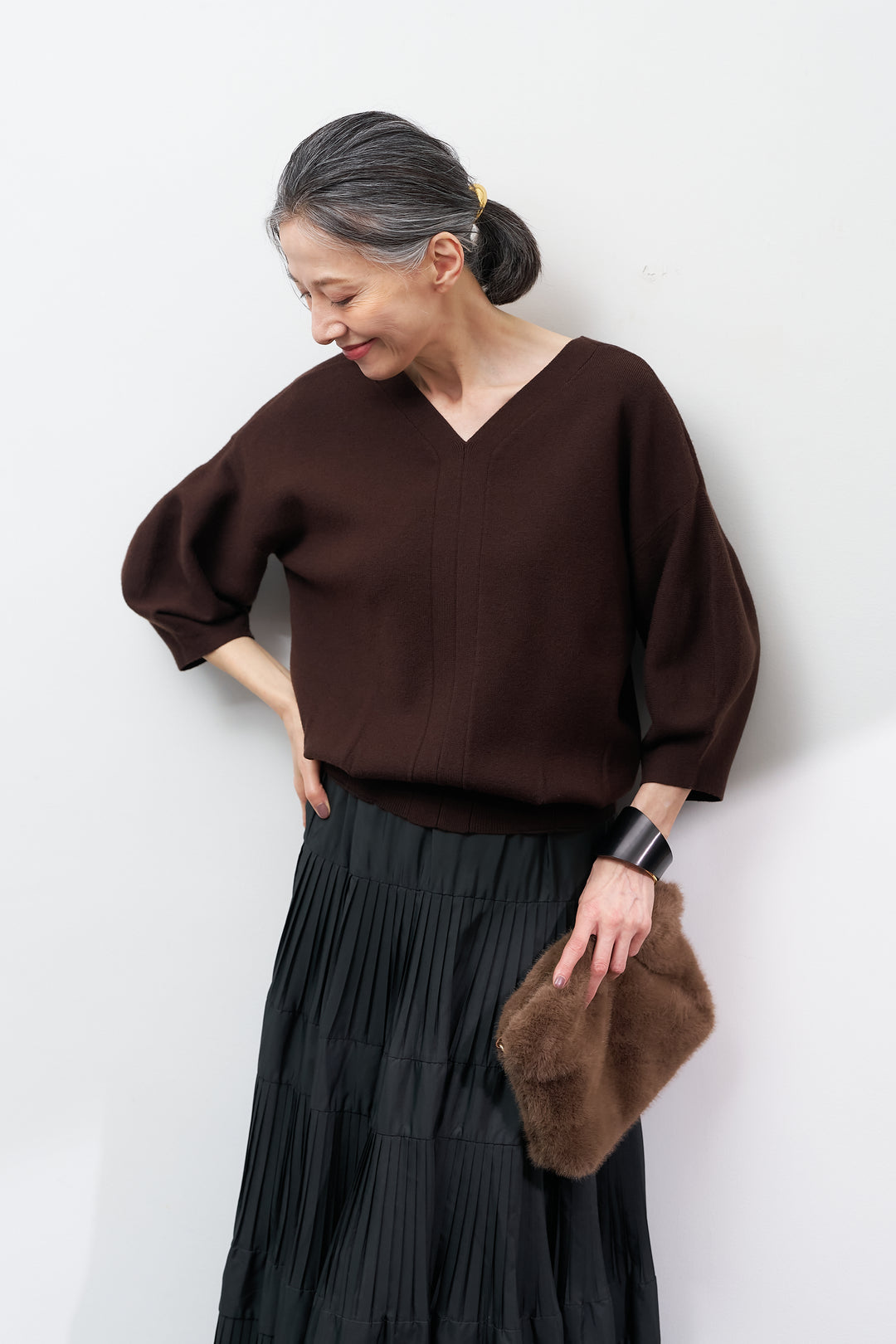 【防静電気】前後2WAYやわもちパフスリーブニット