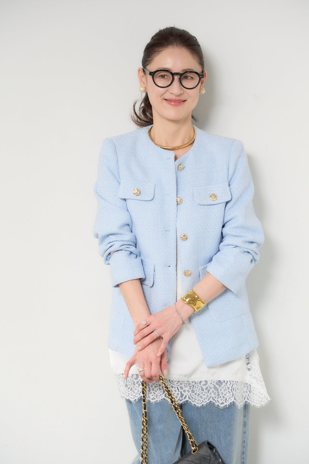 [SET]ミディ丈ツイードジャケット+サイドスリットレースキャミソール(2set)