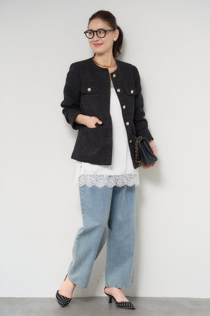 [SET]ミディ丈ツイードジャケット+サイドスリットレースキャミソール(2set)