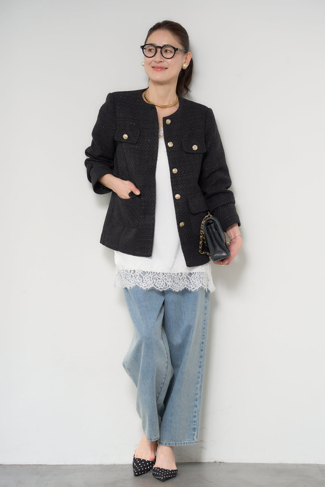 [SET]ミディ丈ツイードジャケット+サイドスリットレースキャミソール(2set)