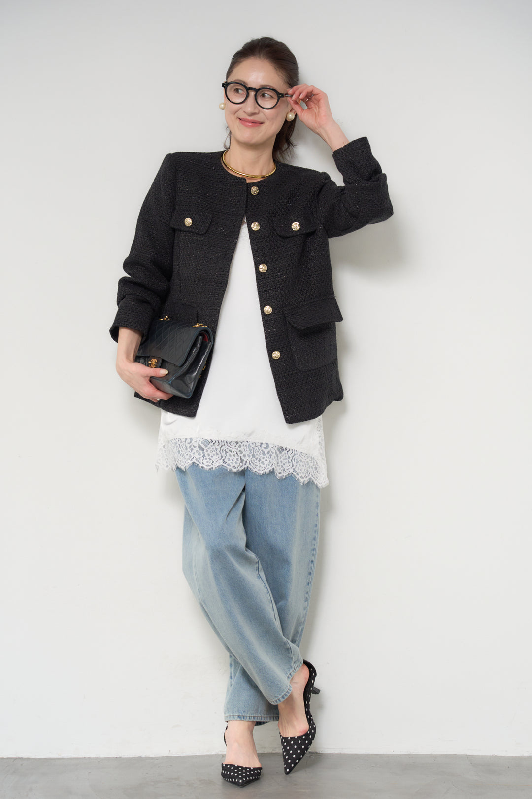 [SET]ミディ丈ツイードジャケット+サイドスリットレースキャミソール(2set)