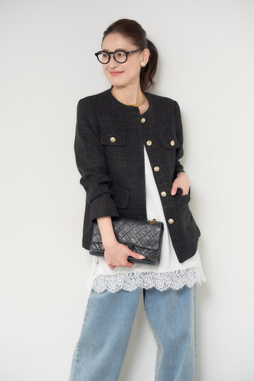 [SET]ミディ丈ツイードジャケット+サイドスリットレースキャミソール(2set)