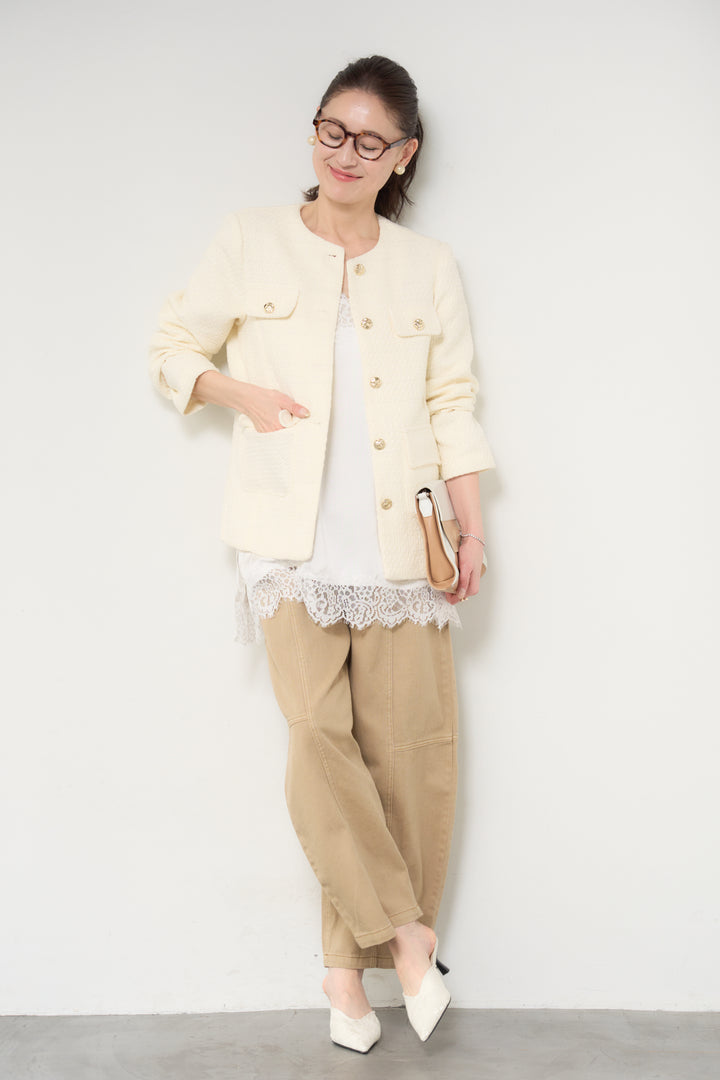 [SET]ミディ丈ツイードジャケット+サイドスリットレースキャミソール(2set)