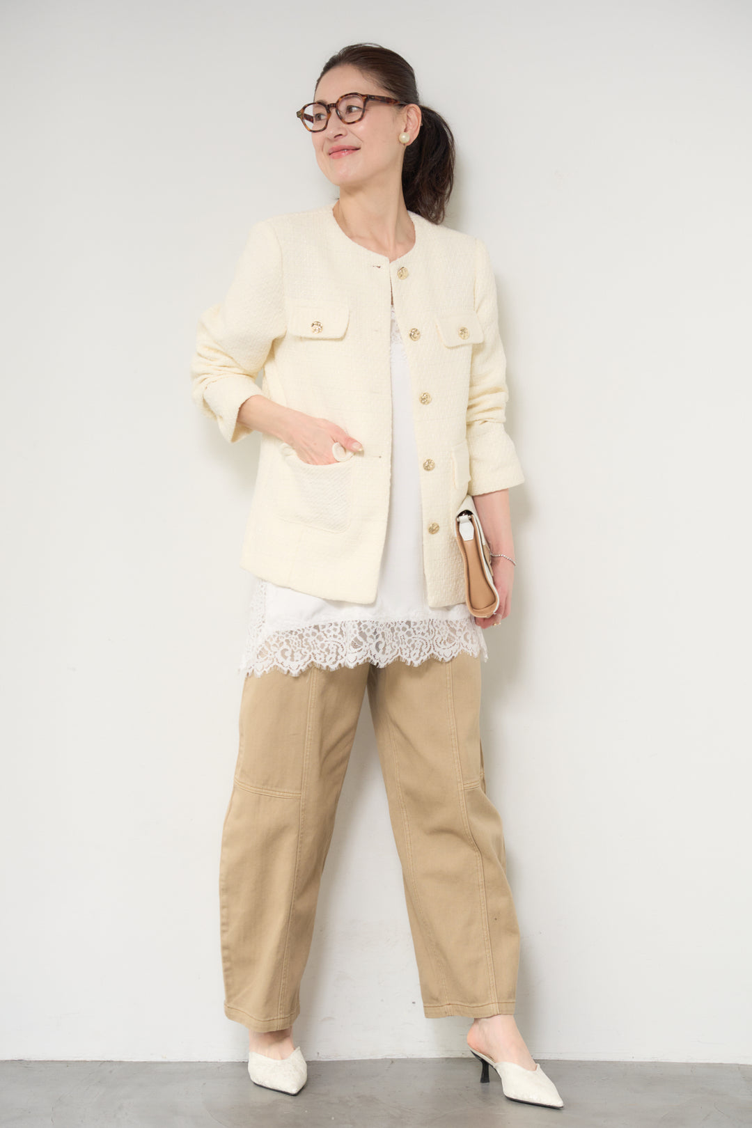 [SET]ミディ丈ツイードジャケット+サイドスリットレースキャミソール(2set)