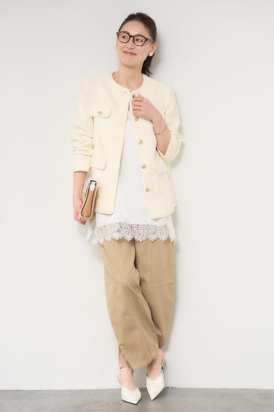 [SET]ミディ丈ツイードジャケット+サイドスリットレースキャミソール(2set)