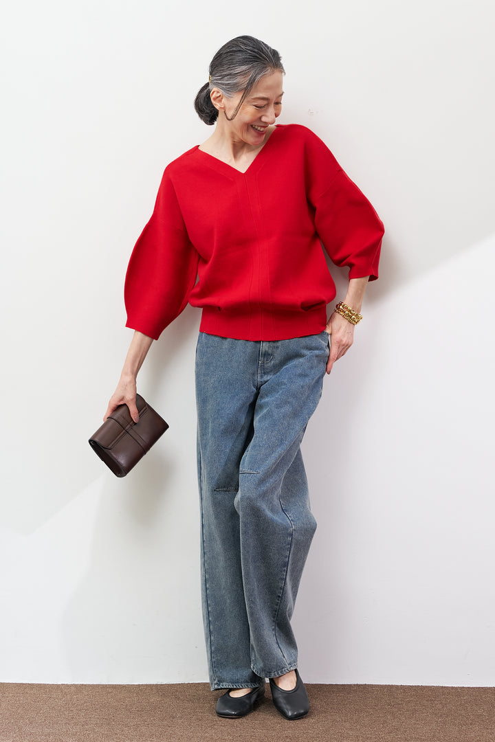 【防静電気】前後2WAYやわもちパフスリーブニット