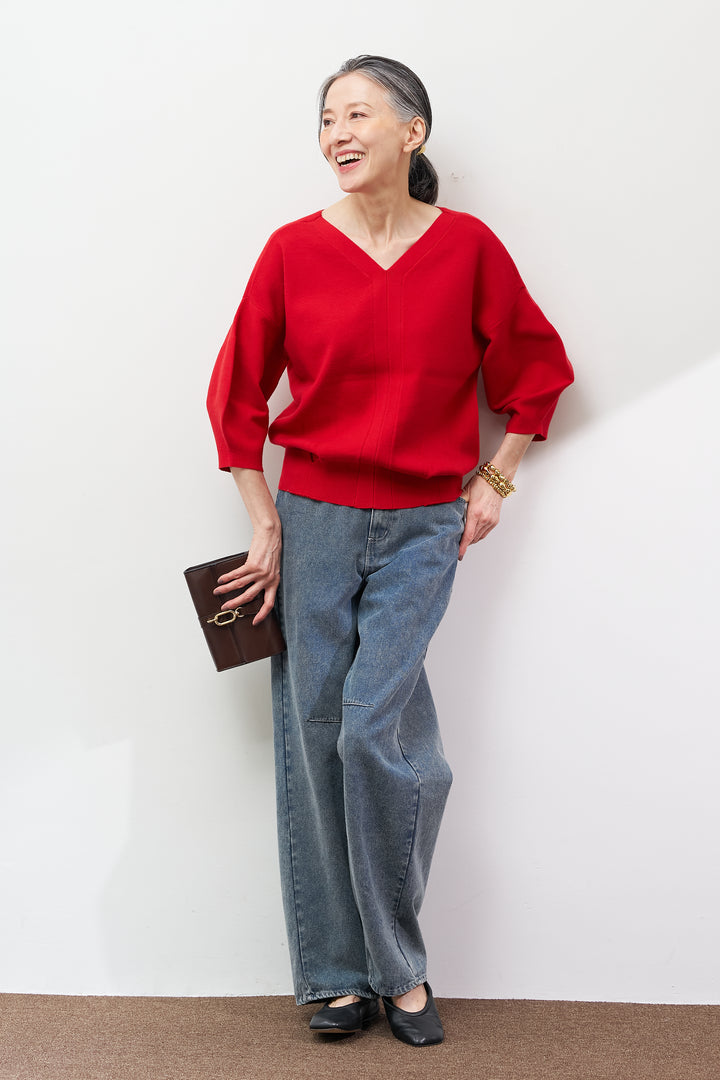 【防静電気】前後2WAYやわもちパフスリーブニット