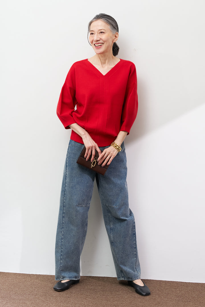 【防静電気】前後2WAYやわもちパフスリーブニット