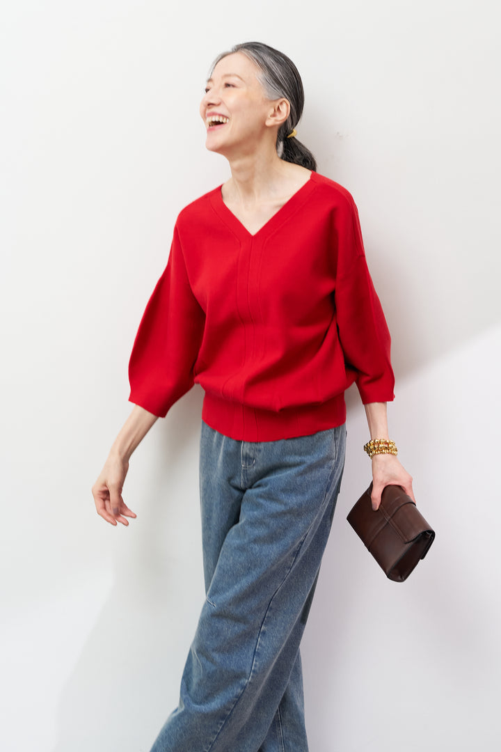 【防静電気】前後2WAYやわもちパフスリーブニット