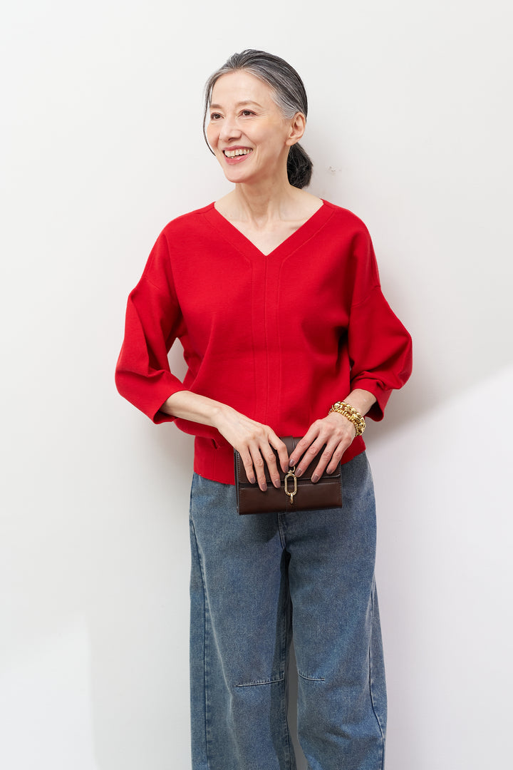 【防静電気】前後2WAYやわもちパフスリーブニット