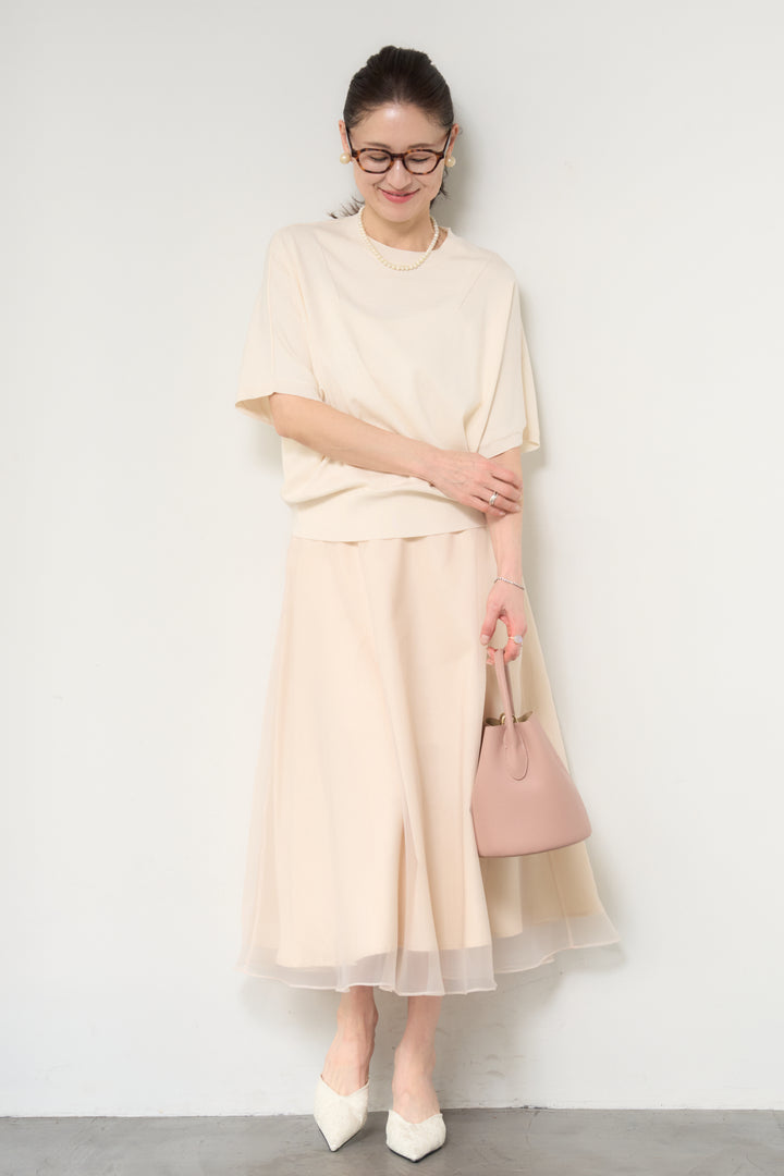 [SET]ドルマンショートスリーブニット+シアーチュールフレアスカート(2set)