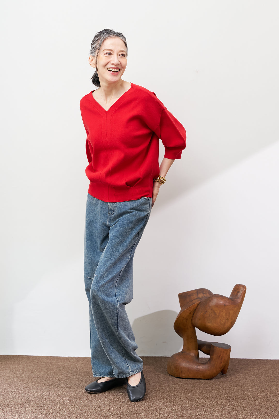 【防静電気】前後2WAYやわもちパフスリーブニット