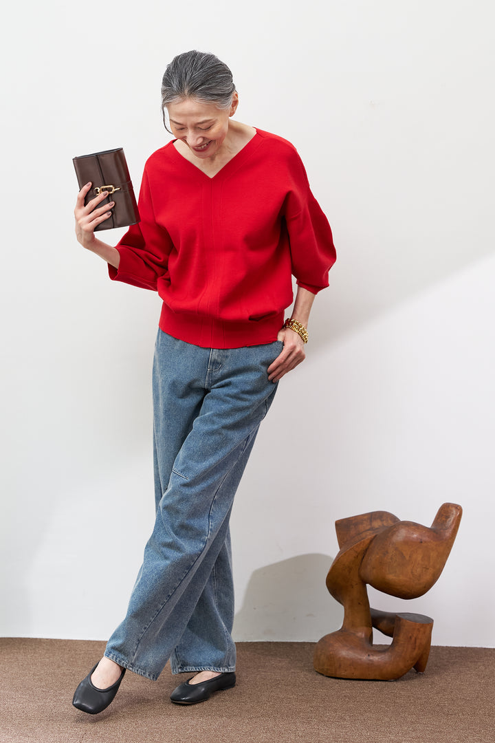 【防静電気】前後2WAYやわもちパフスリーブニット