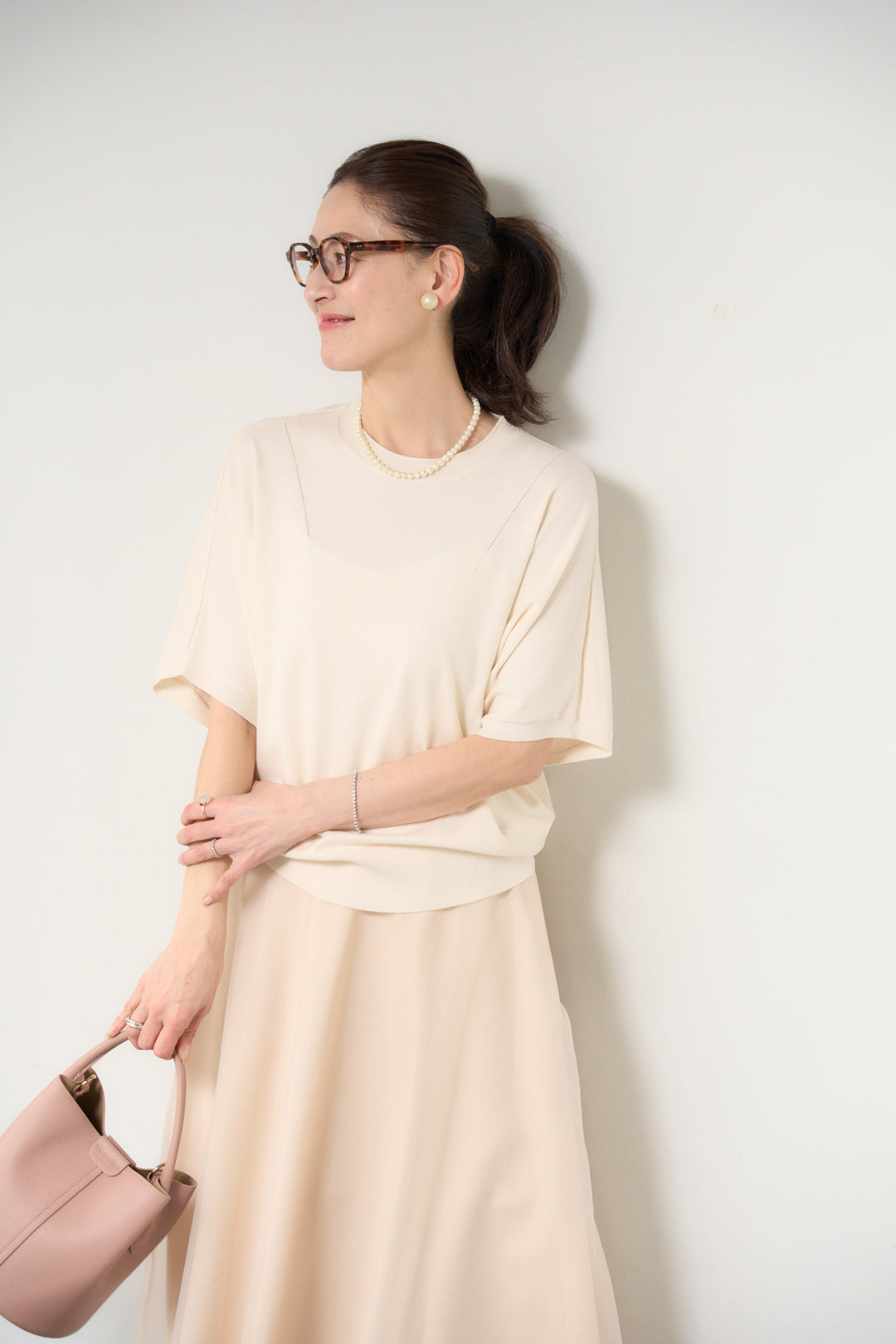 [SET]ドルマンショートスリーブニット+シアーチュールフレアスカート(2set)