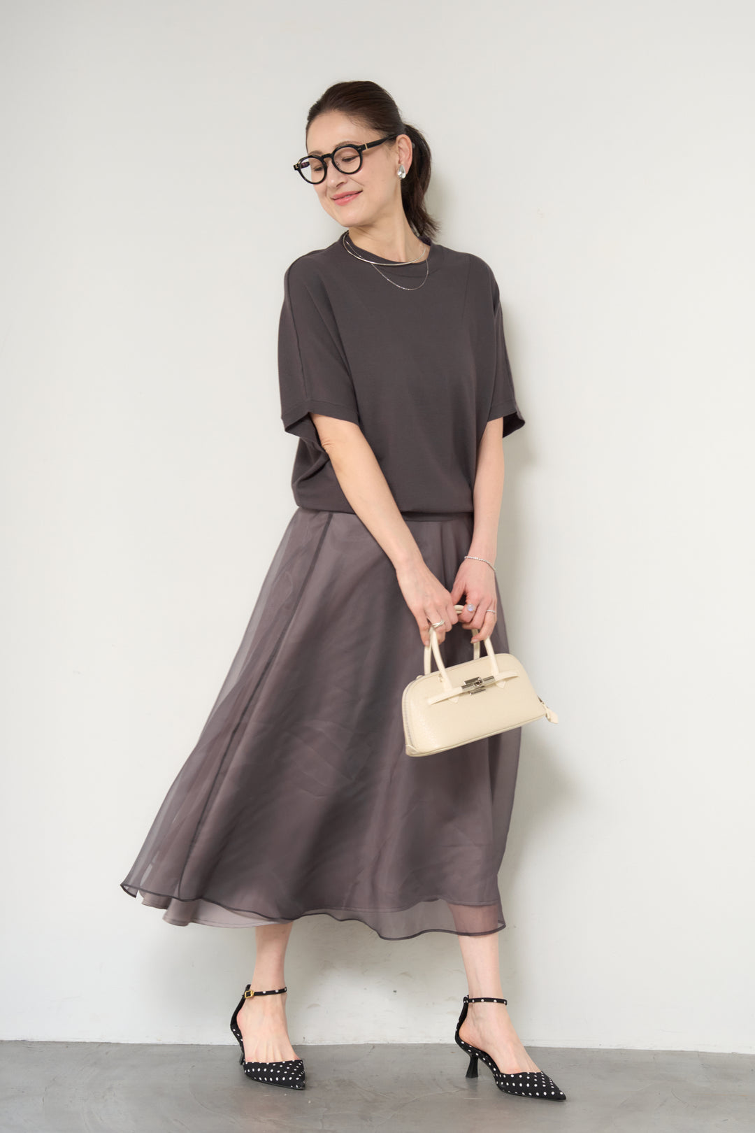 [SET]ドルマンショートスリーブニット+シアーチュールフレアスカート(2set)