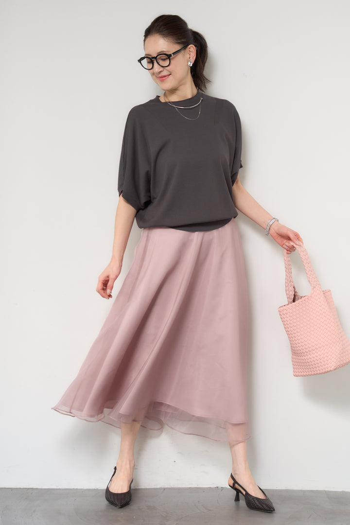 [SET]ドルマンショートスリーブニット+シアーチュールフレアスカート(2set)