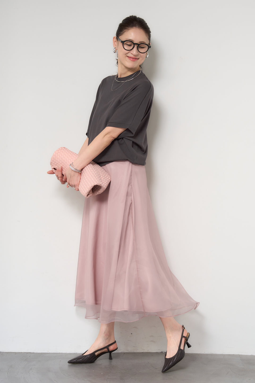 [SET]ドルマンショートスリーブニット+シアーチュールフレアスカート(2set)