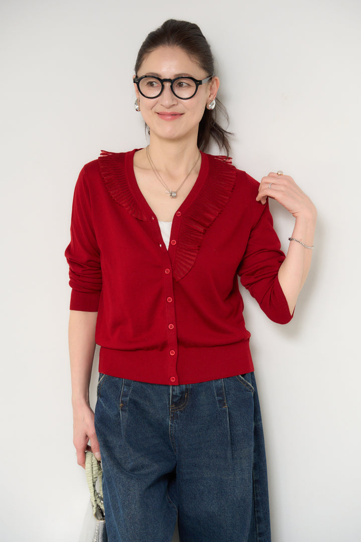 [SET]プリーツフリルニットカーディガン+カーブデニムパンツ(2set)