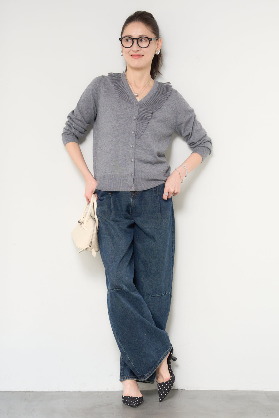 [SET]プリーツフリルニットカーディガン+カーブデニムパンツ(2set)