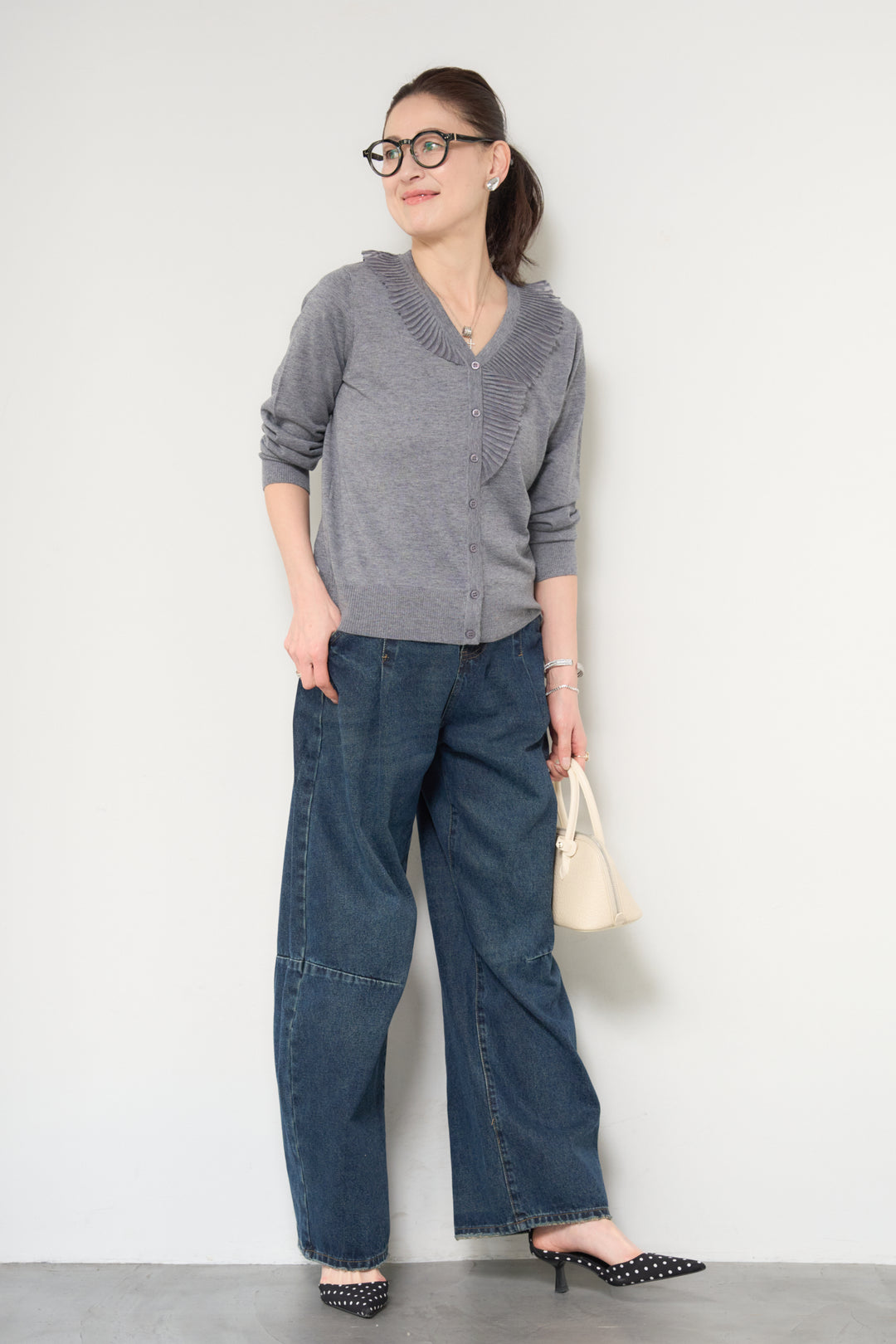 [SET]プリーツフリルニットカーディガン+カーブデニムパンツ(2set)