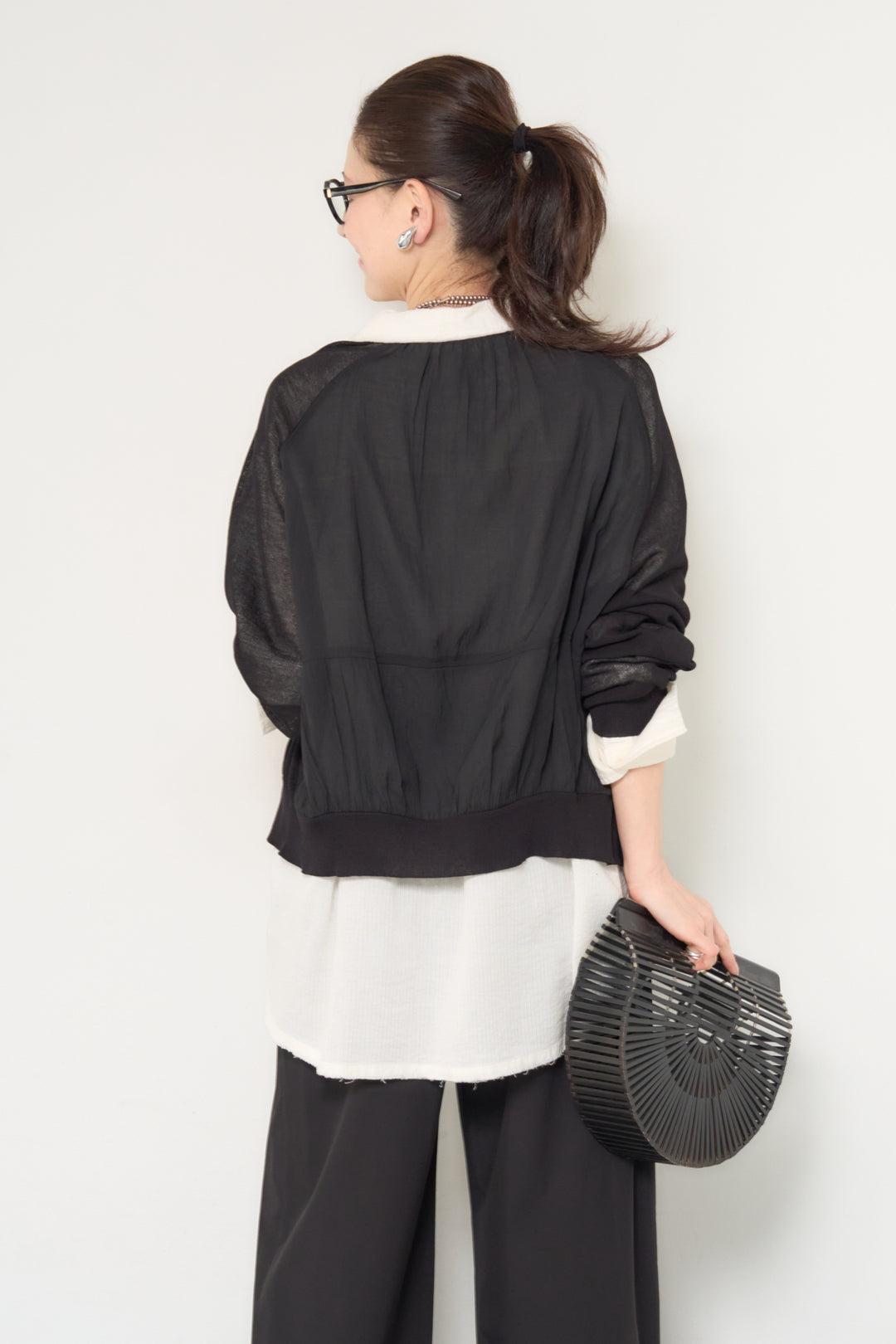 バック布帛切替シアーニットカーディガン