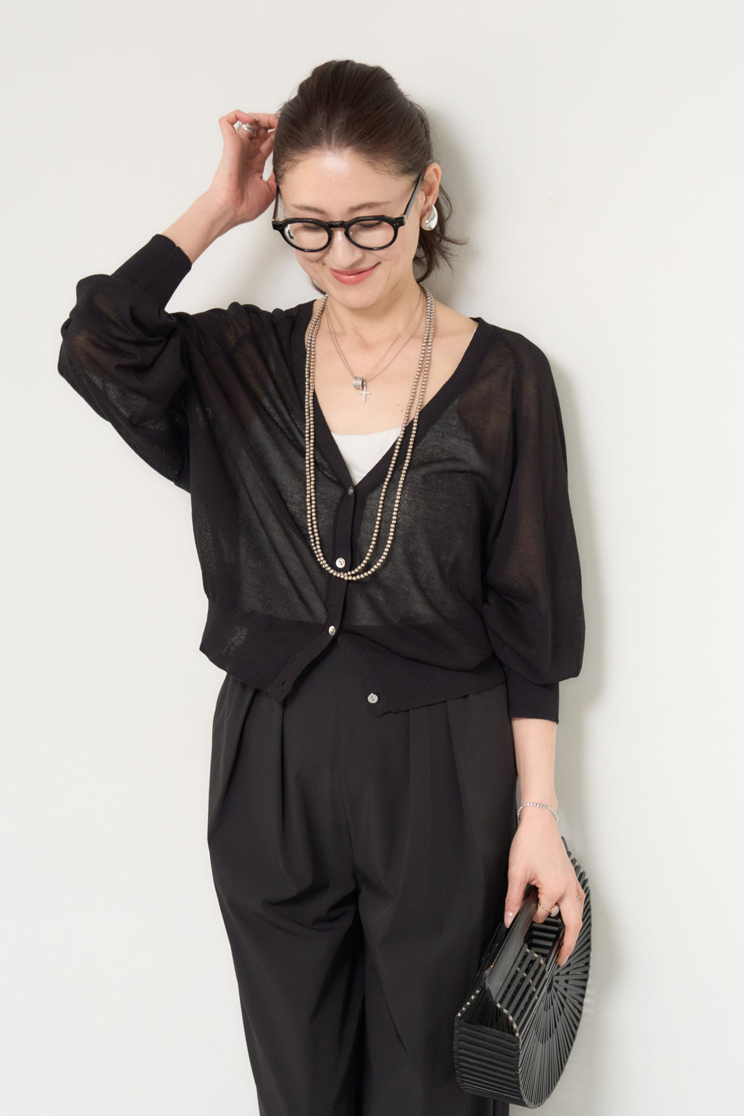 バック布帛切替シアーニットカーディガン