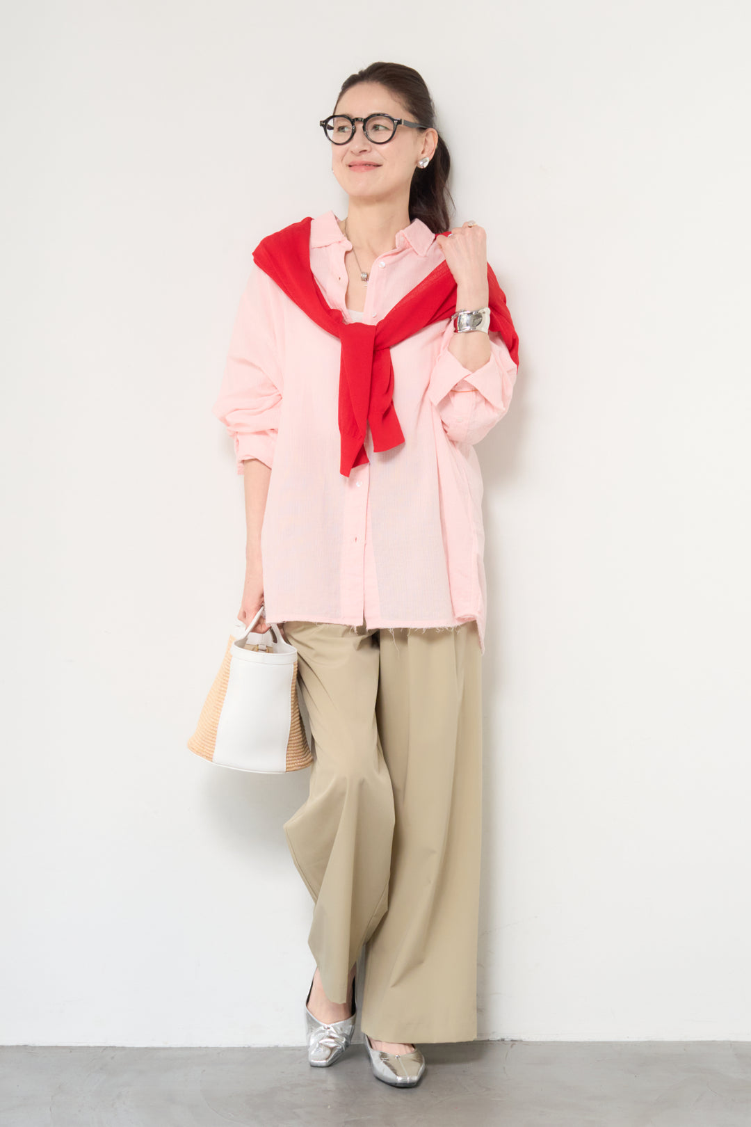 [SET]カットオフドビーシャツ+【接触冷感】ワイドストレートパンツ(2set)