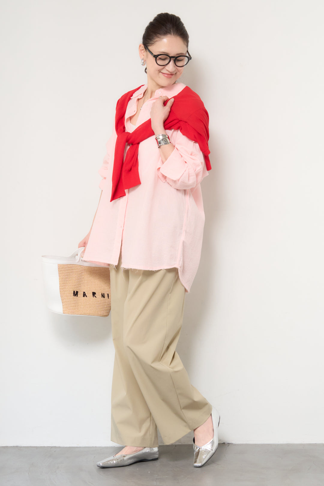 [SET]カットオフドビーシャツ+【接触冷感】ワイドストレートパンツ(2set)