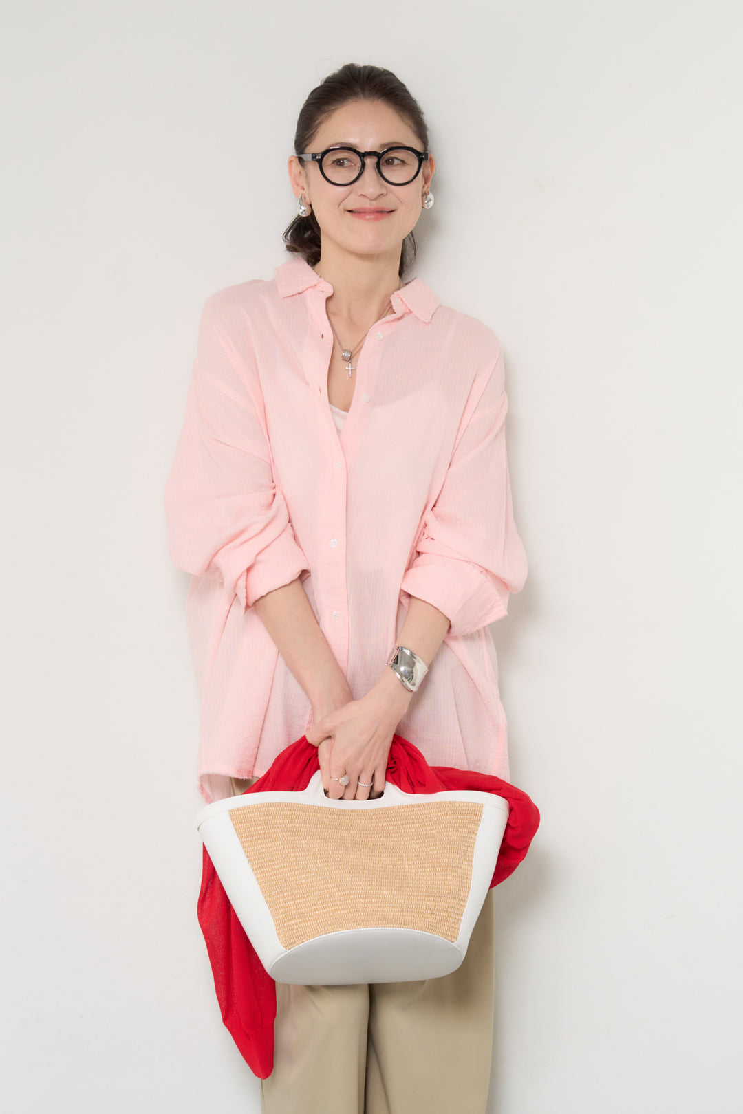 [SET]カットオフドビーシャツ+【接触冷感】ワイドストレートパンツ(2set)