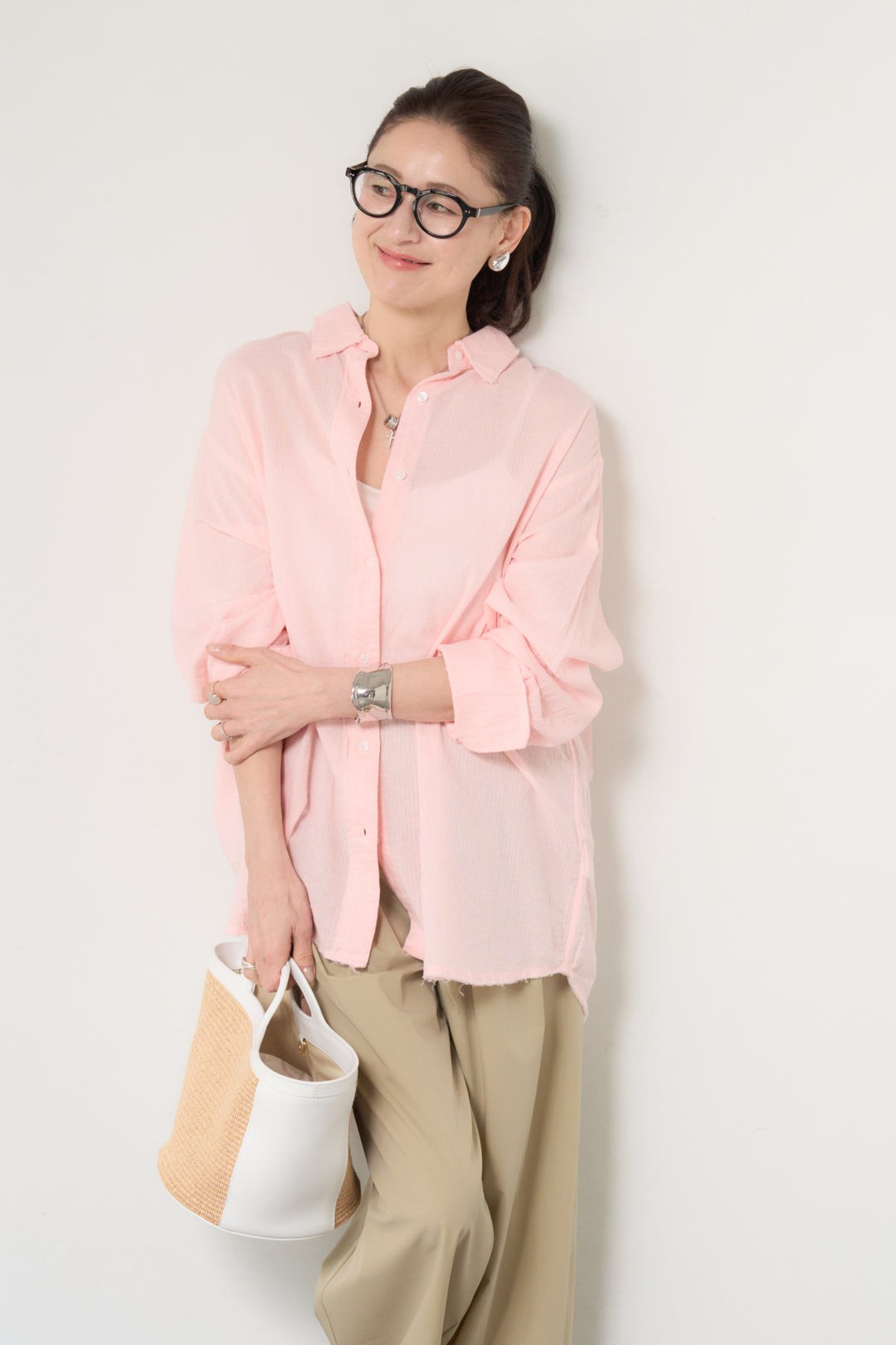 [SET]カットオフドビーシャツ+【接触冷感】ワイドストレートパンツ(2set)