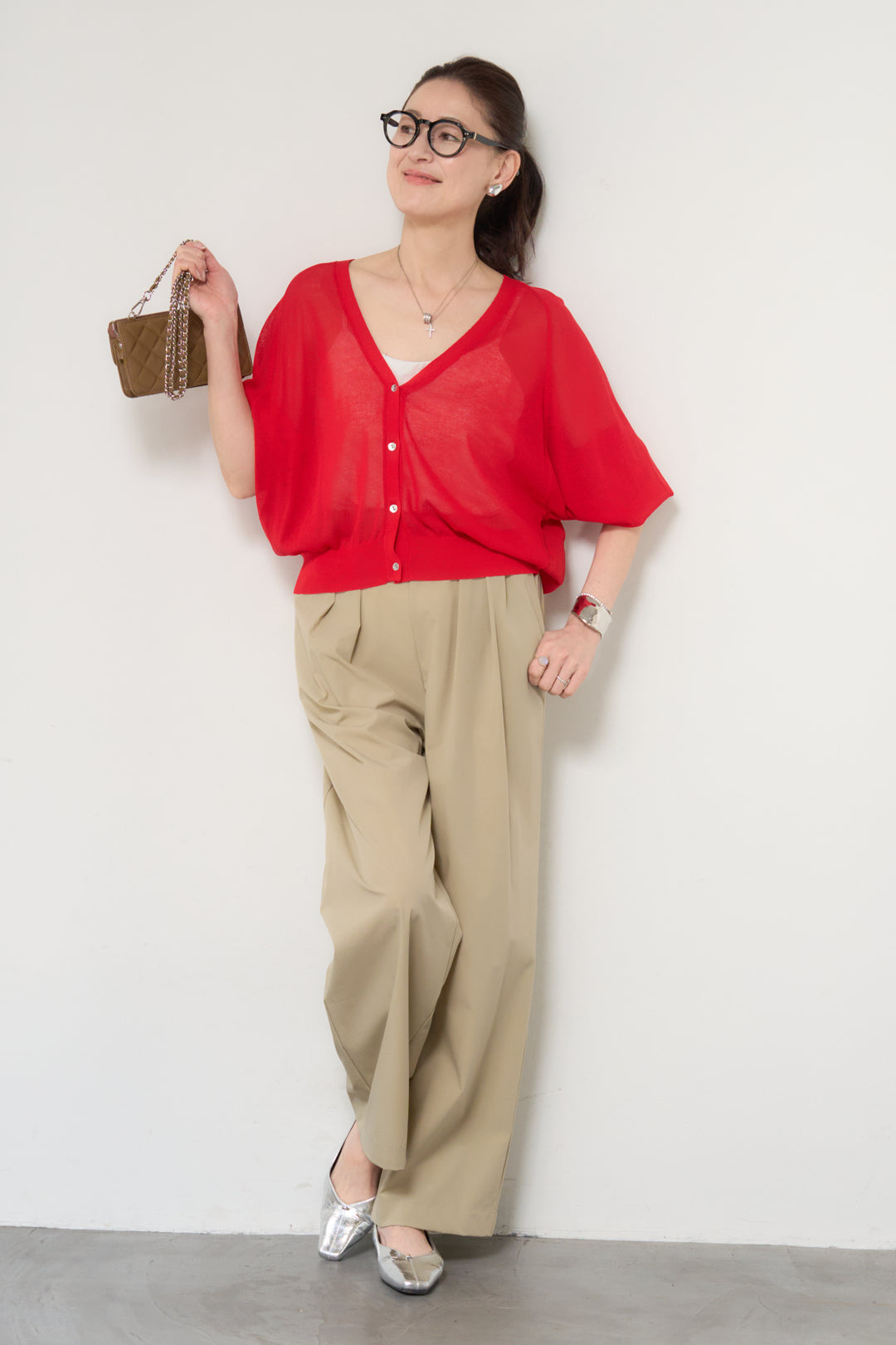 バック布帛切替シアーニットカーディガン