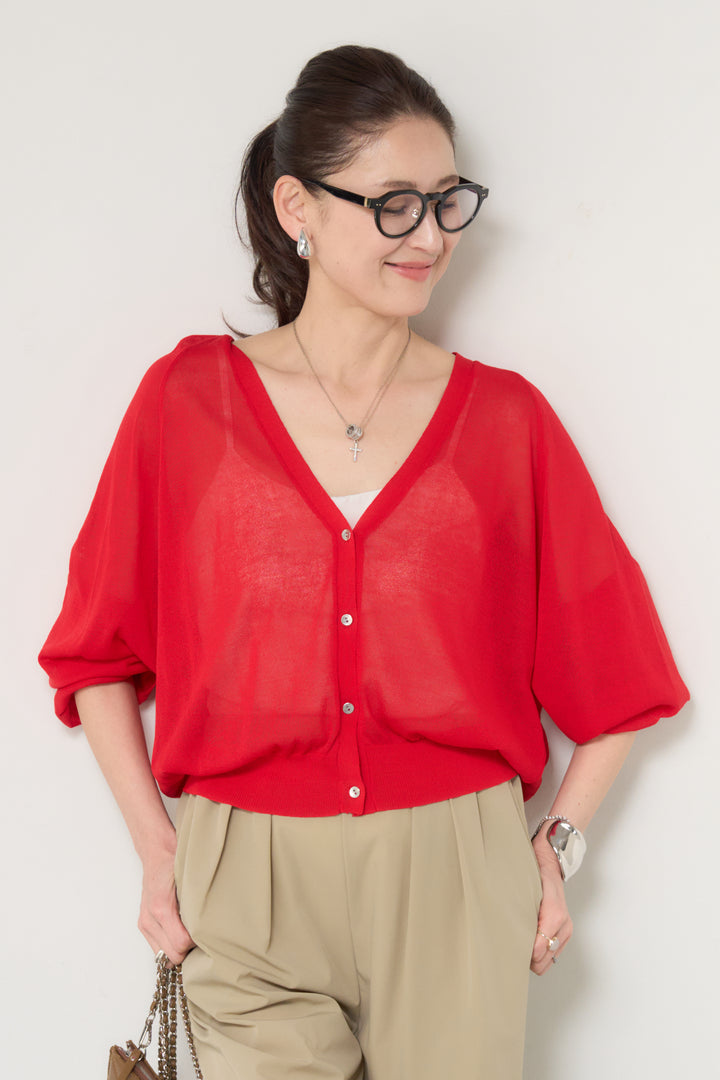 バック布帛切替シアーニットカーディガン