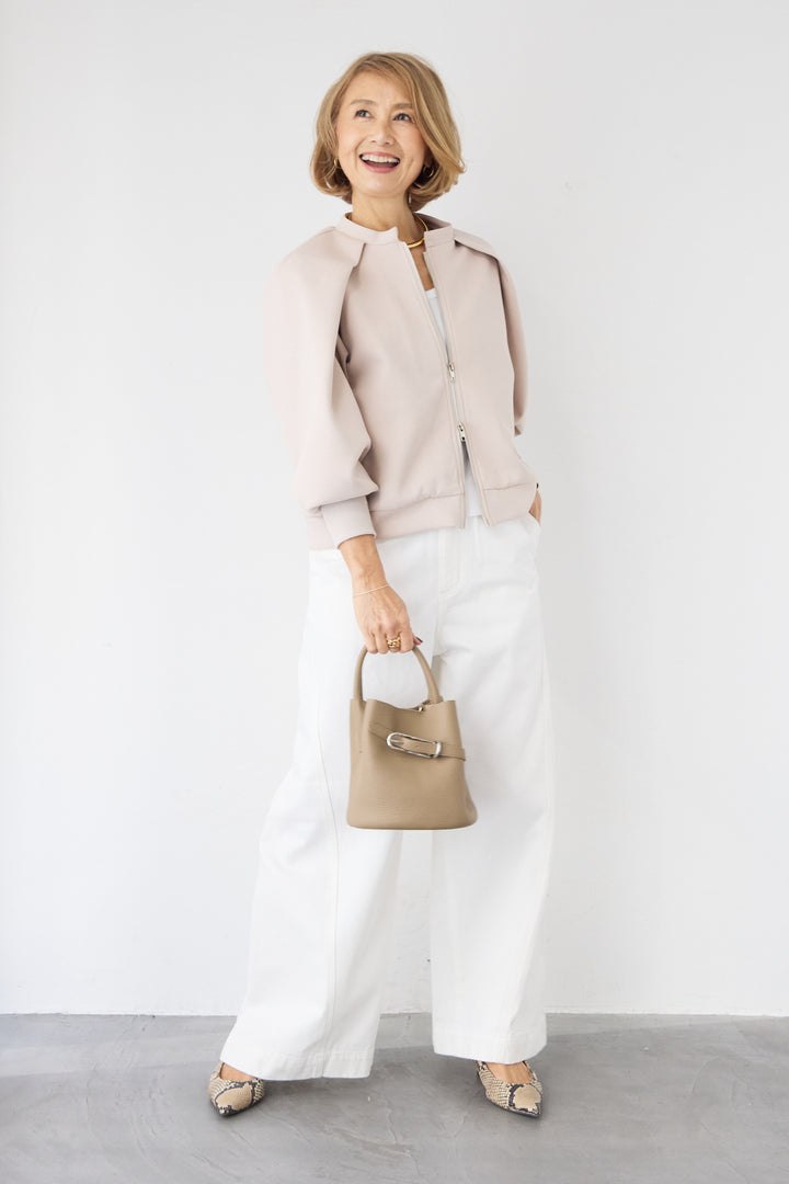 [SET]ケープスリーブ・ショルダータックブルゾン+フロントライン セミワイド ストレートデニム(2set)