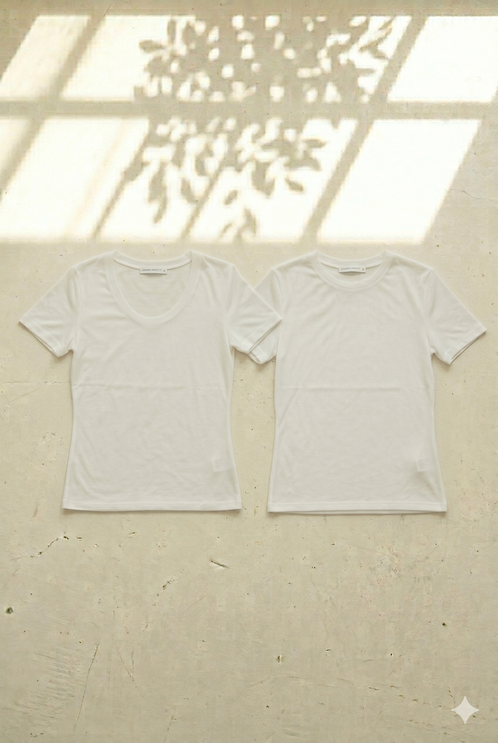 [SET]無地 Uネック 半袖 コンパクト カットソー ブラック+袖メッシュ切替 ブラック タイトシルエットTシャツ(2set)