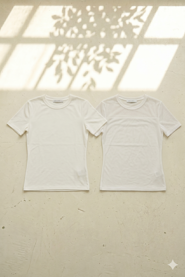 [SET]異素材切替 クルーネック タイトフィット プルオーバー+袖メッシュ切替 ブラック タイトシルエットTシャツ(2set)