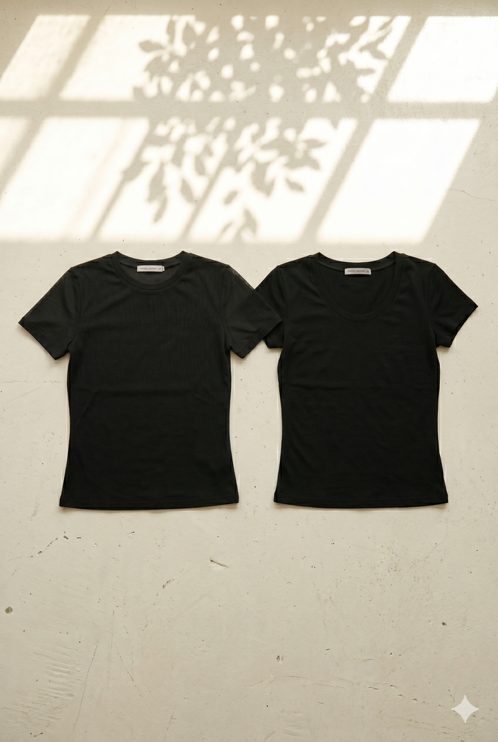 [SET]無地 Uネック 半袖 コンパクト カットソー ブラック+袖メッシュ切替 ブラック タイトシルエットTシャツ(2set)