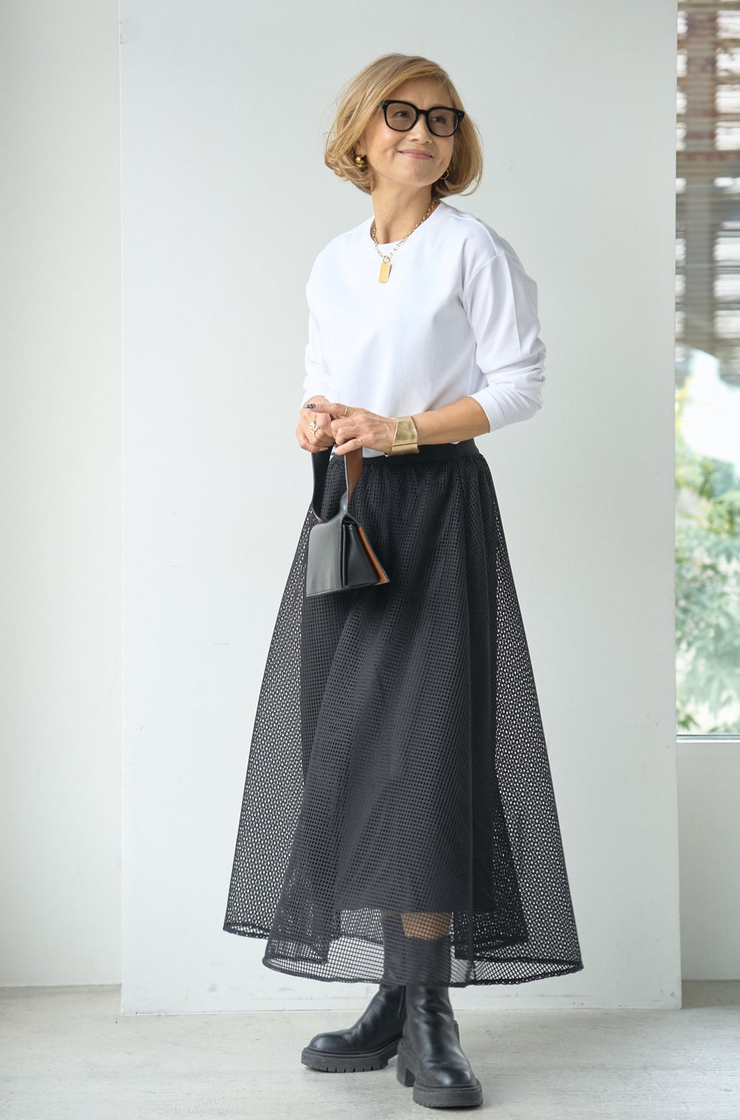 Square mesh check flare skirt