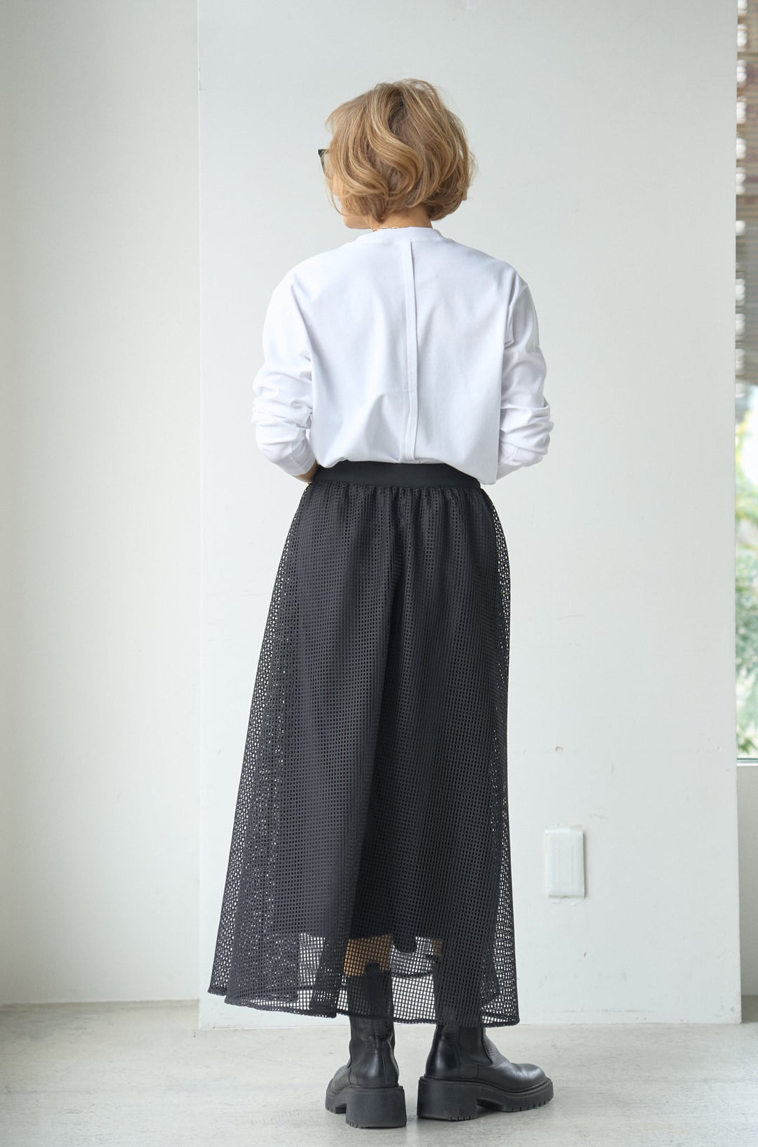 Square mesh check flare skirt